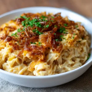 French Onion Chicken Orzo Casserole