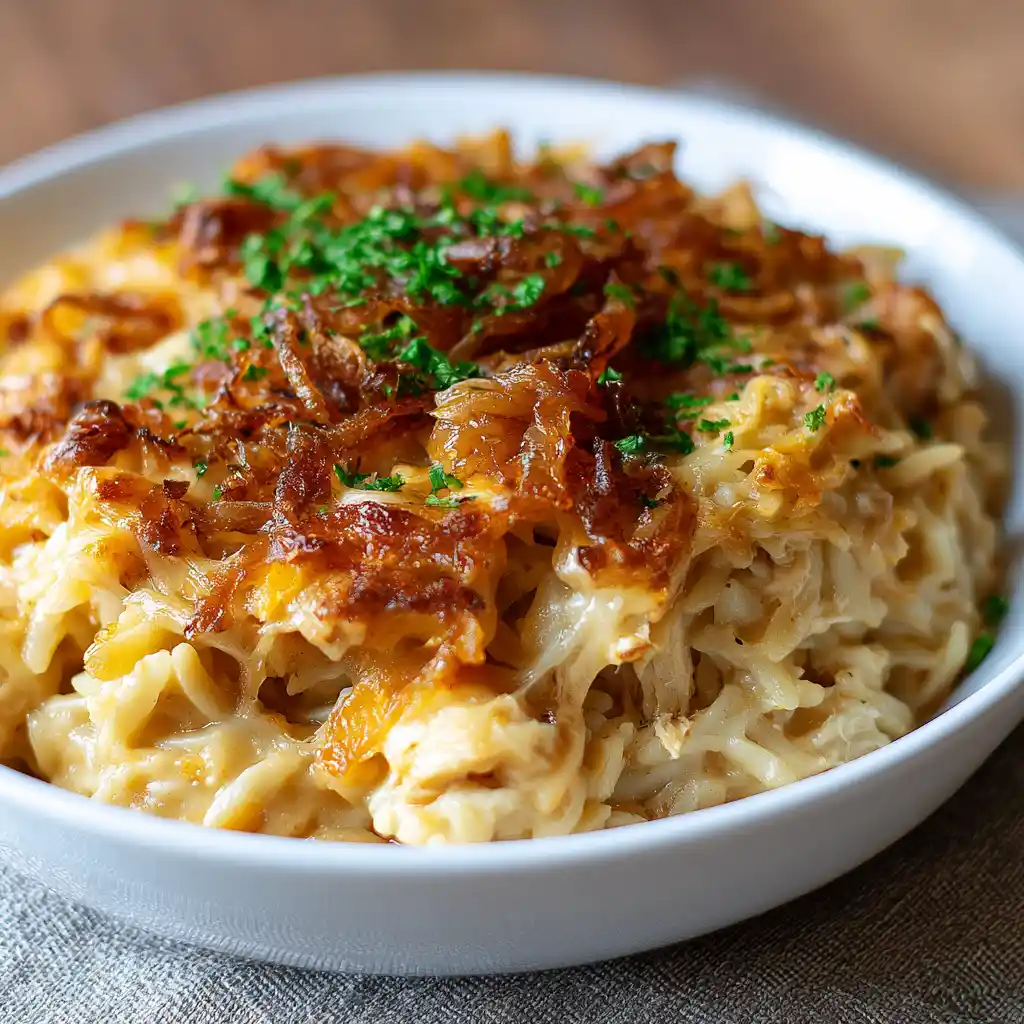 French Onion Chicken Orzo Casserole
