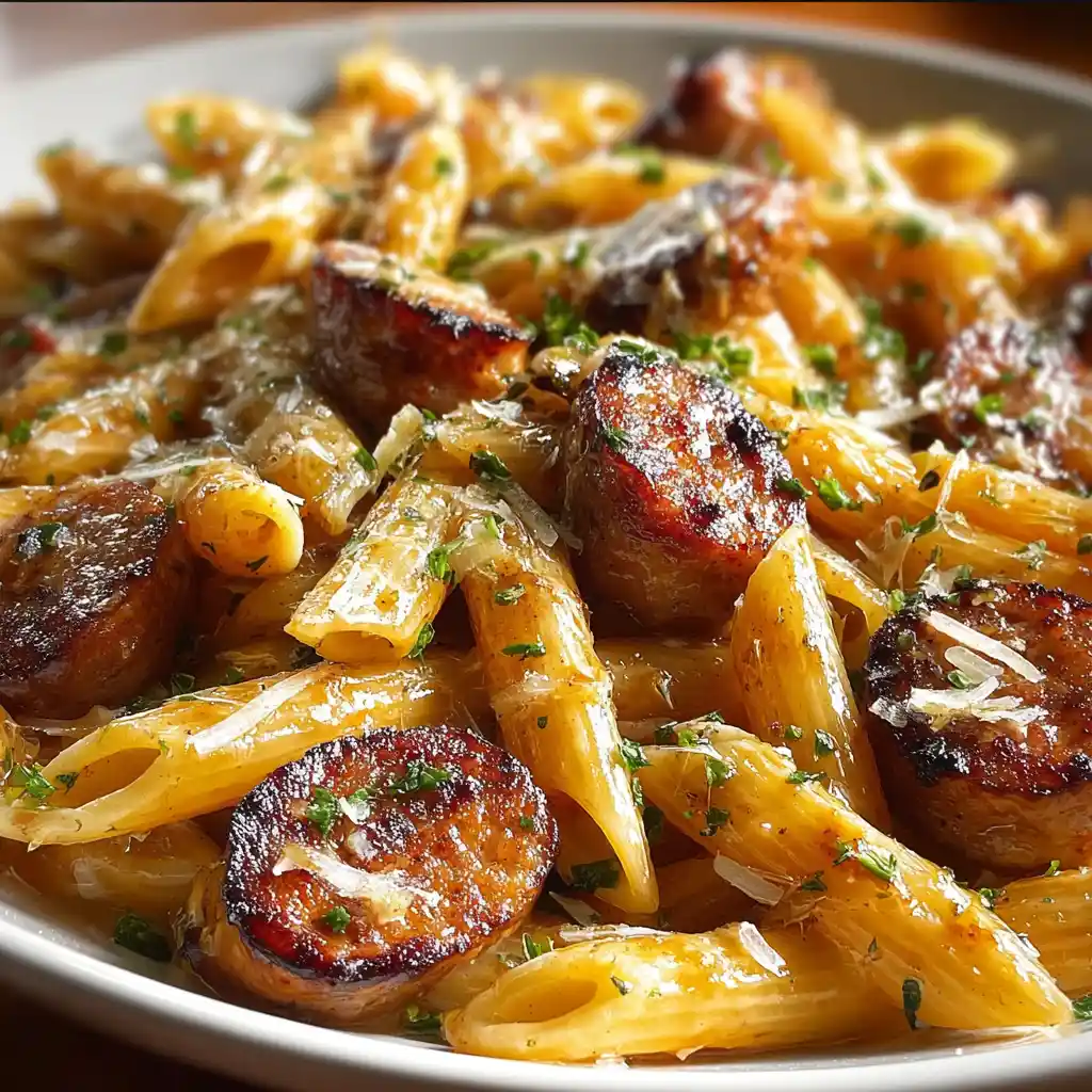 Sticky Sweet Garlic Parmesan Sausage Penne