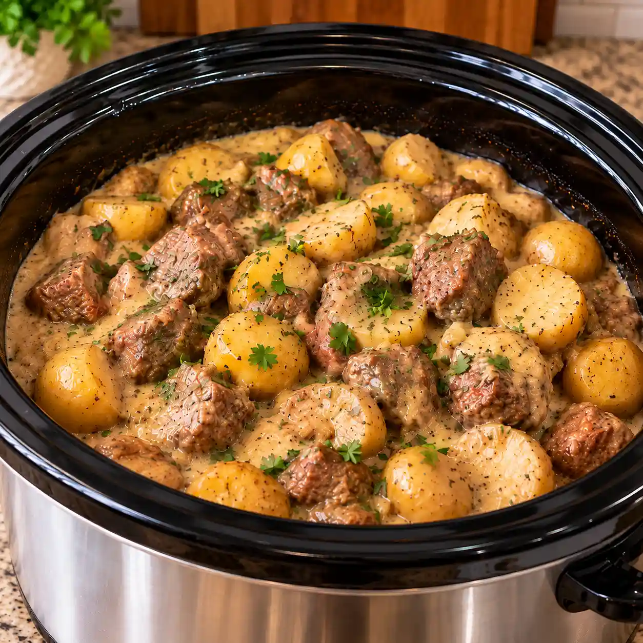 Slow Cooker Creamy Beef Tips and Potatoes