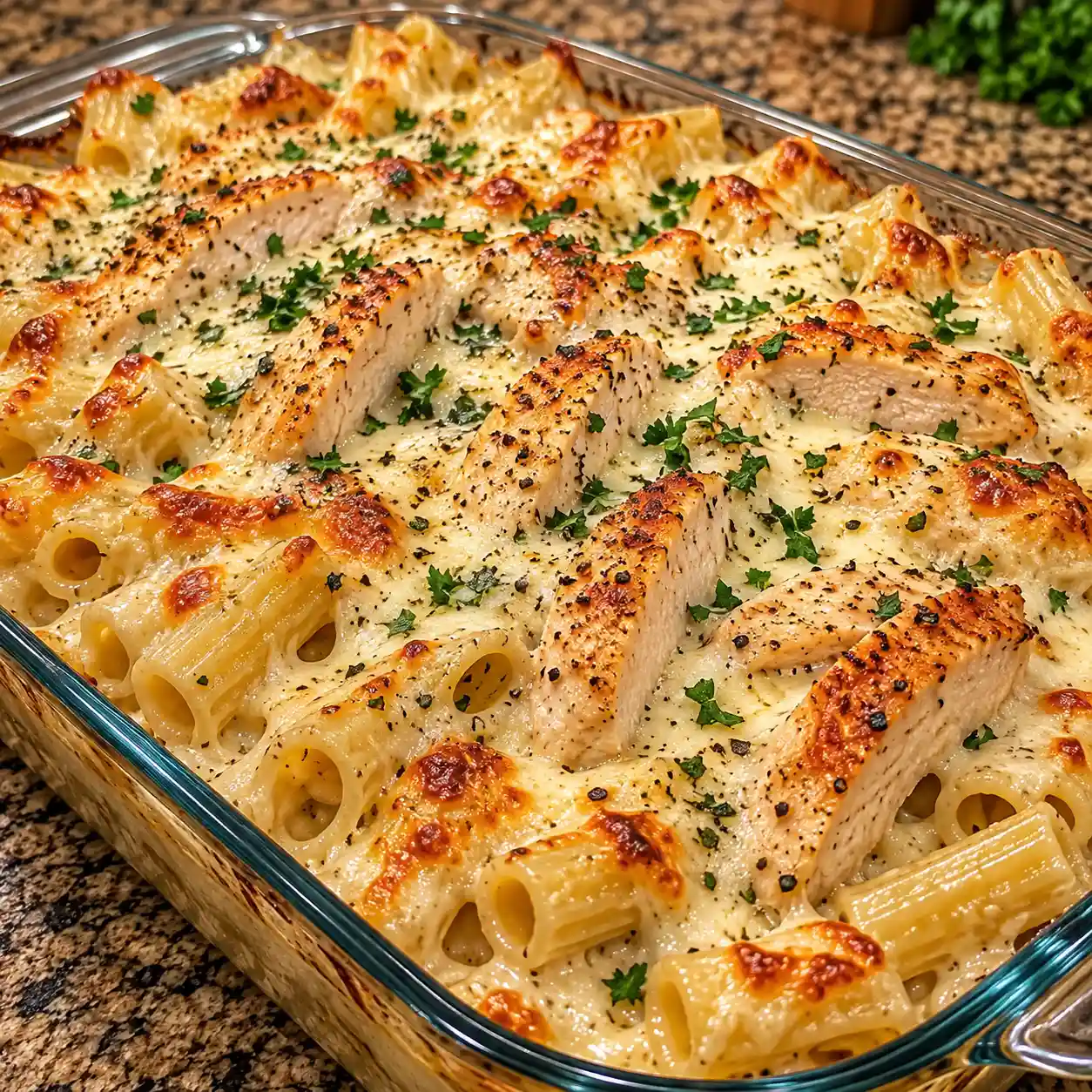 Creamy Chicken Alfredo Rigatoni Bake