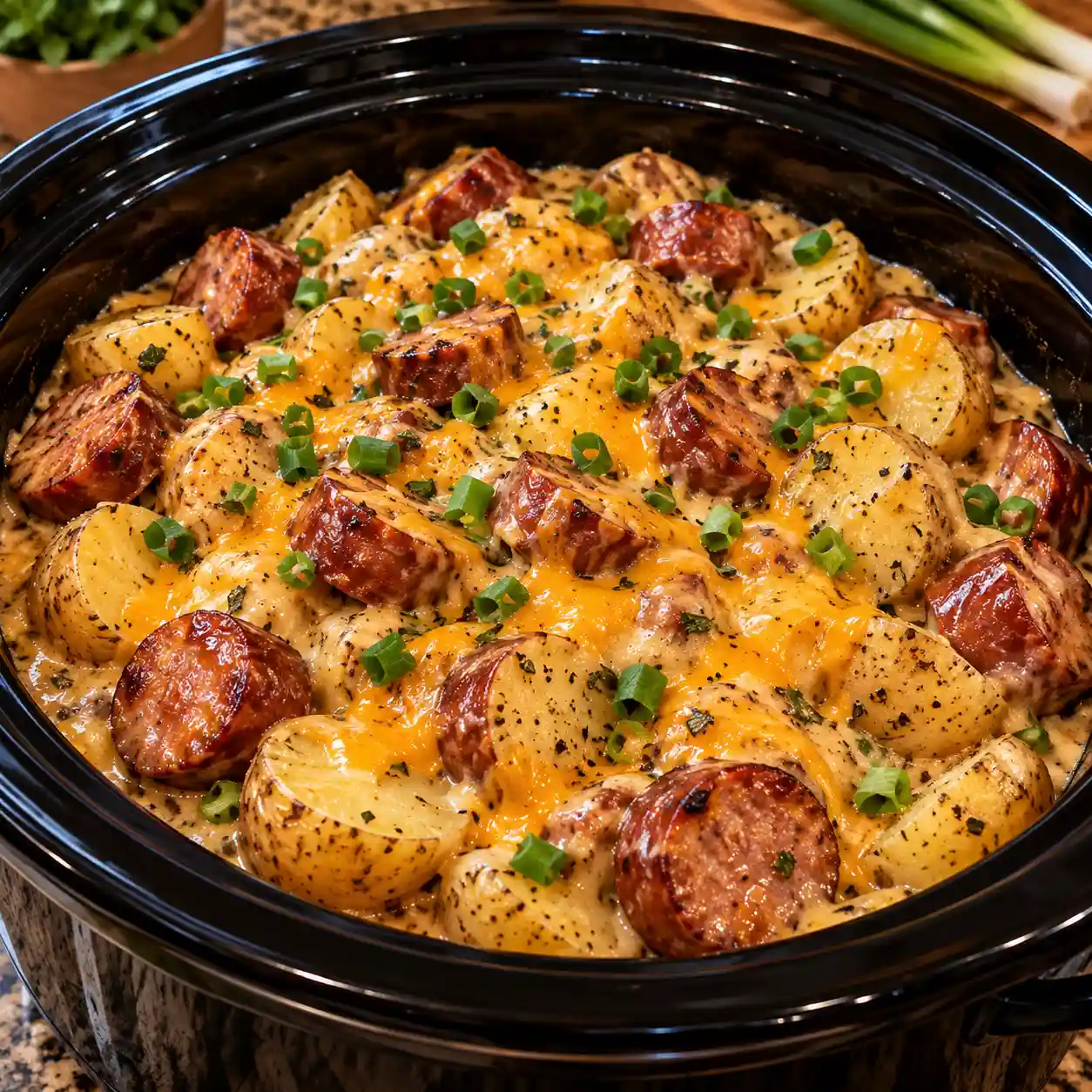 Crockpot Cheesy Potatoes and Beef Kielbasa