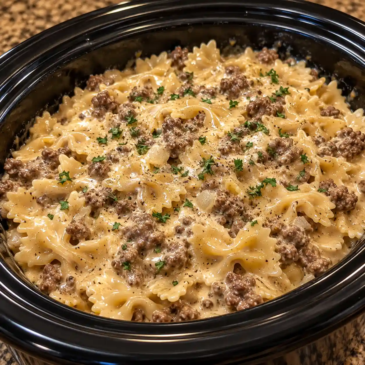 Crockpot Creamy Beef and Bowtie Pasta