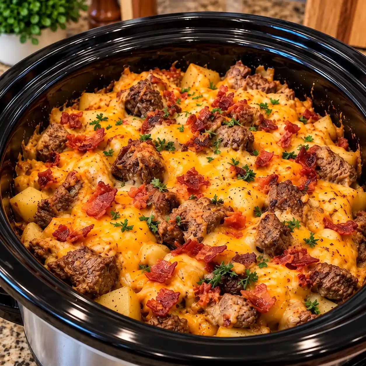 Crockpot Loaded Steak and Potato Bake