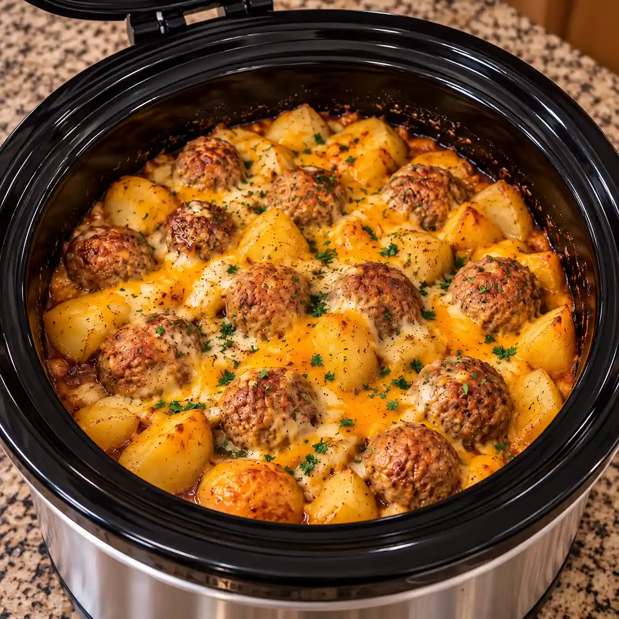 Slow Cooker Cheesy Meatball Potato Bake