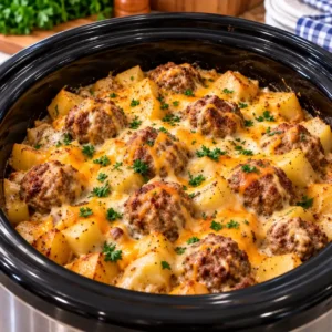 Slow Cooker Cheesy Meatball Potato Bake