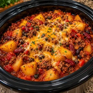 Slow Cooker Chili with Potatoes and Cheese