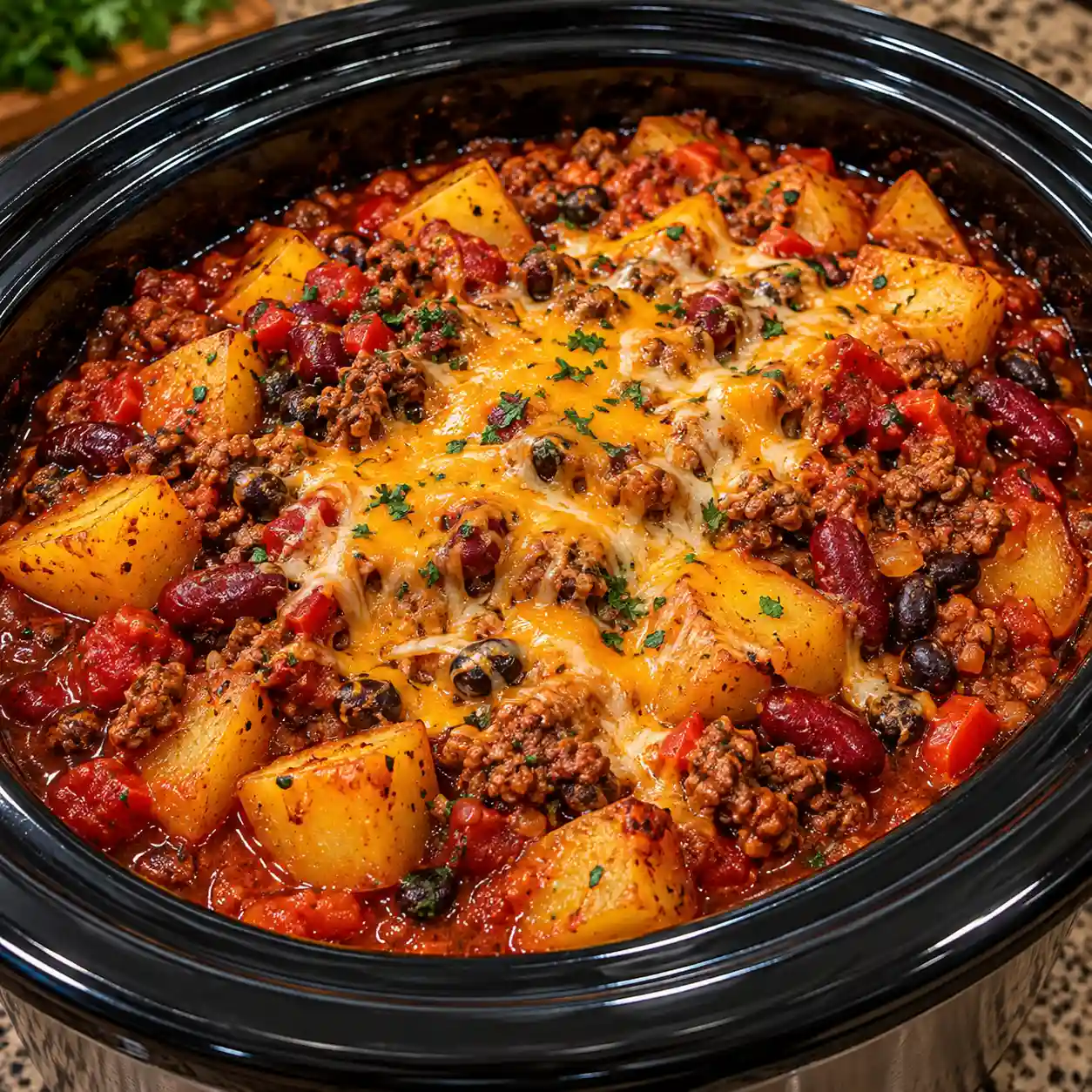Slow Cooker Chili with Potatoes and Cheese
